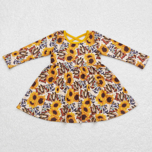 Promotion Baby Girl Long Sleeves Horse Sunflower Western Twirl Dress