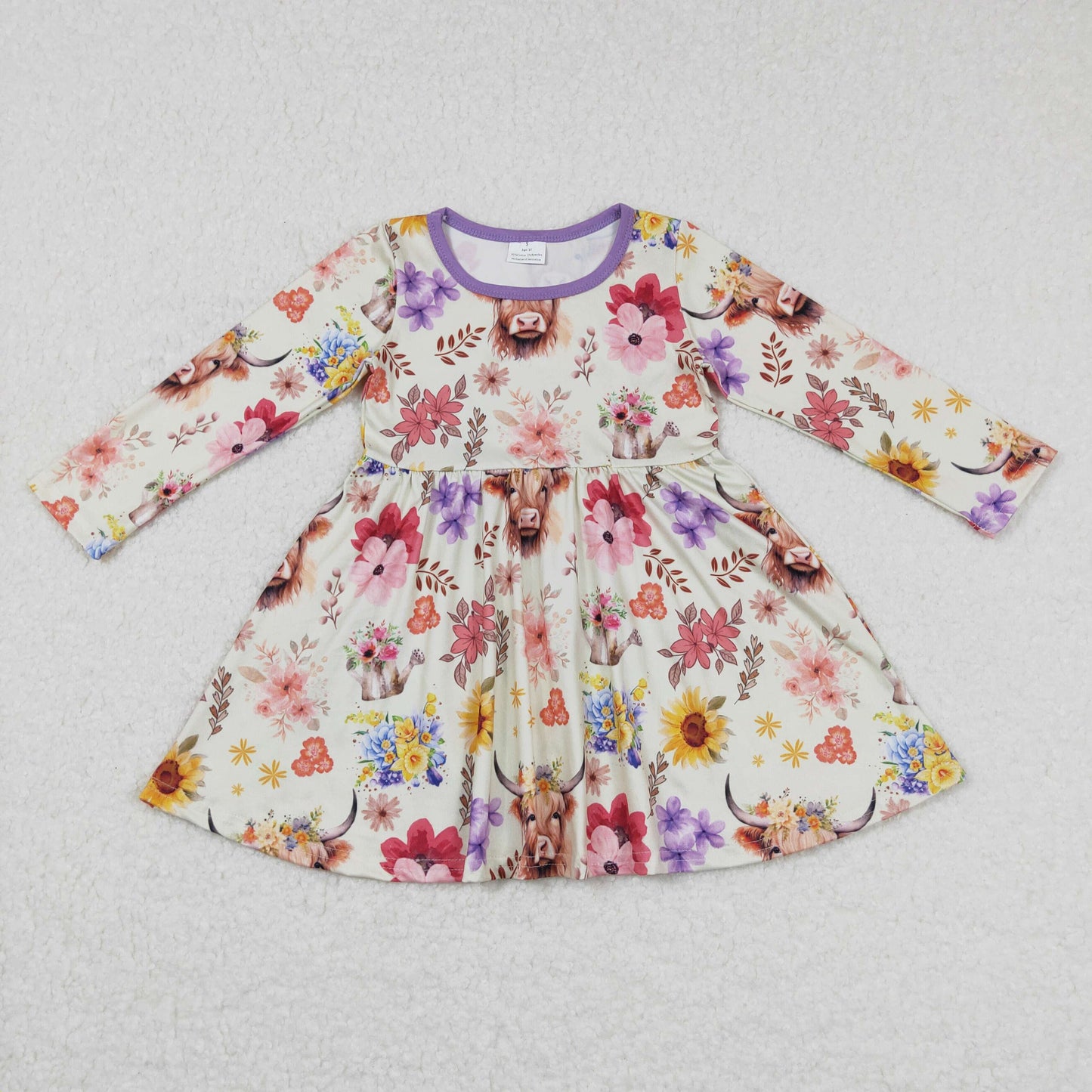 Promotion Baby Girl Long Sleeves Cow Floral Western Dress