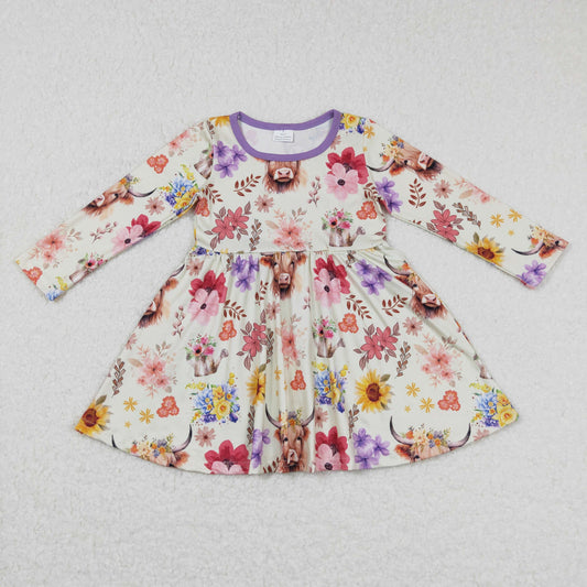Promotion Baby Girl Long Sleeves Cow Floral Western Dress