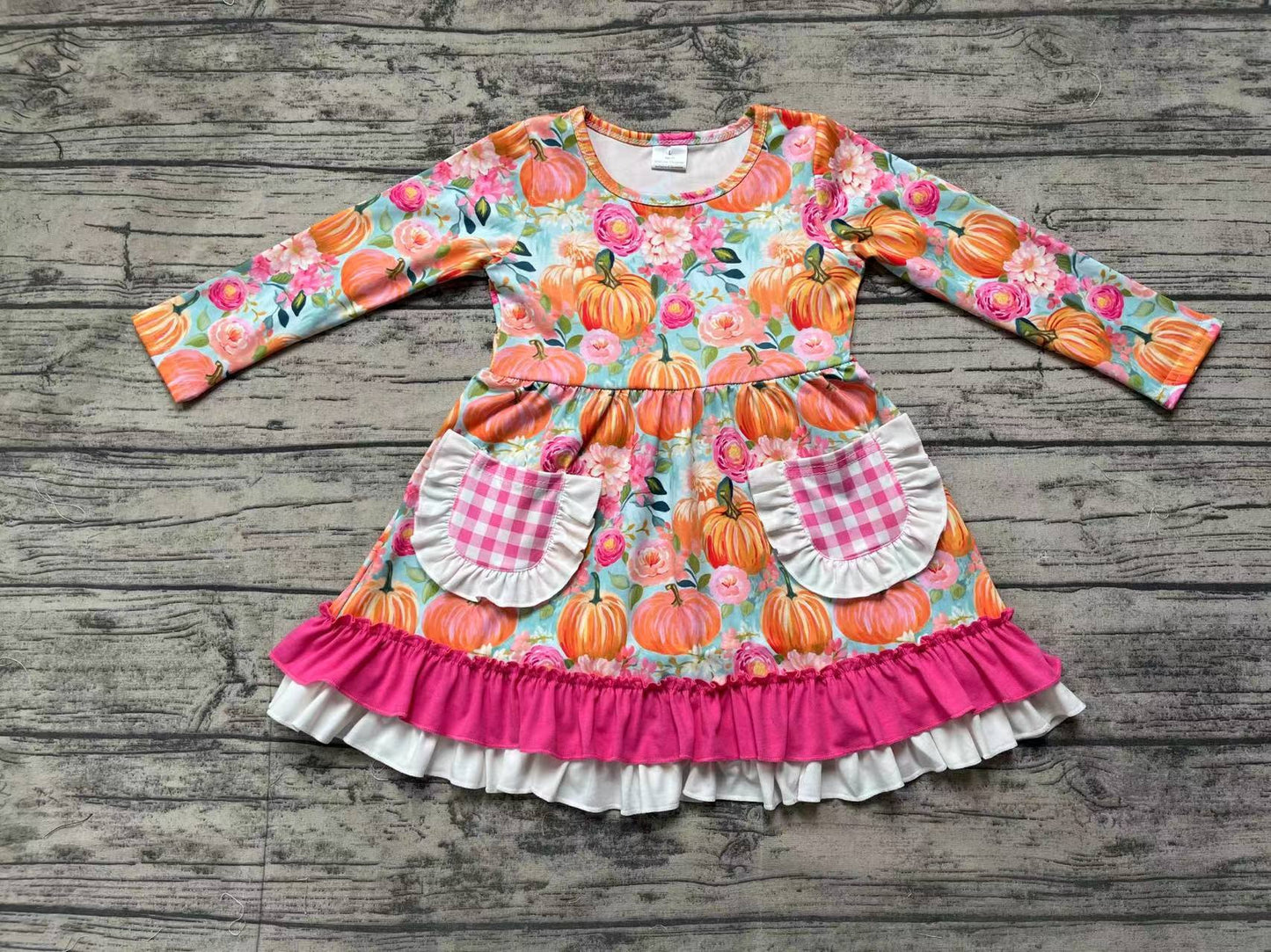 Baby Girl Long Sleeves Pumpkin Flower Pocket Dress