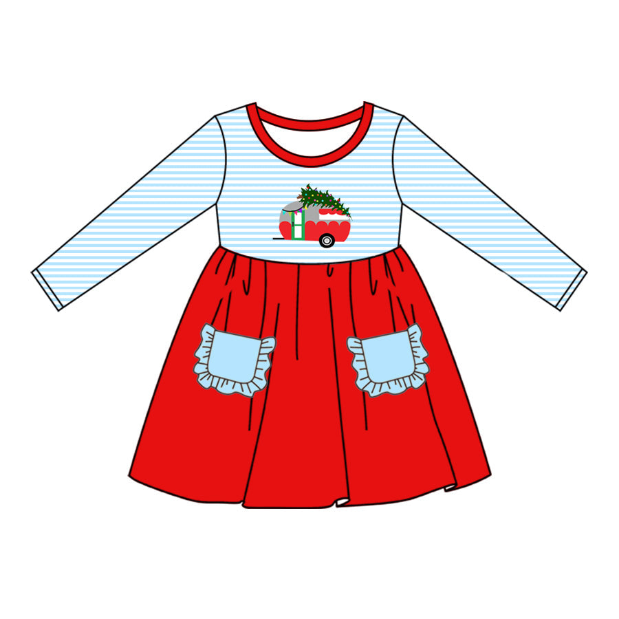 Pre-order Baby Girls Christmas Car Tree Pockets Knee Length Dress