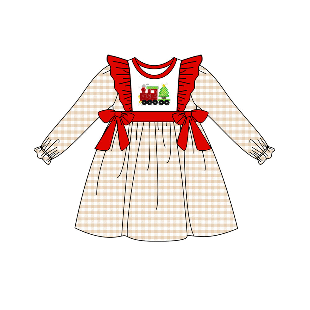 Pre-order Baby Girls Christmas Tree Train Long Sleeve Knee Length Dress