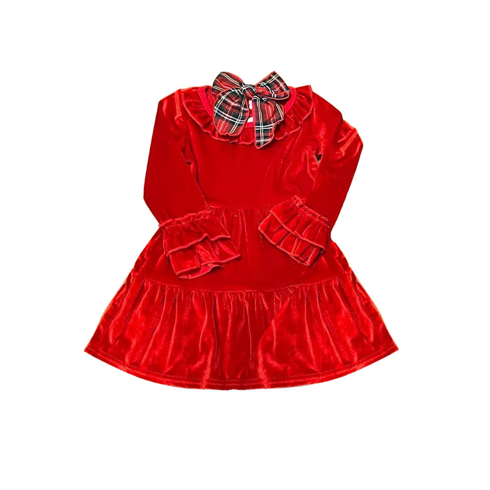 Pre-order Baby Girls Red Velvet Ruffle Long Sleeves Christmas Dress