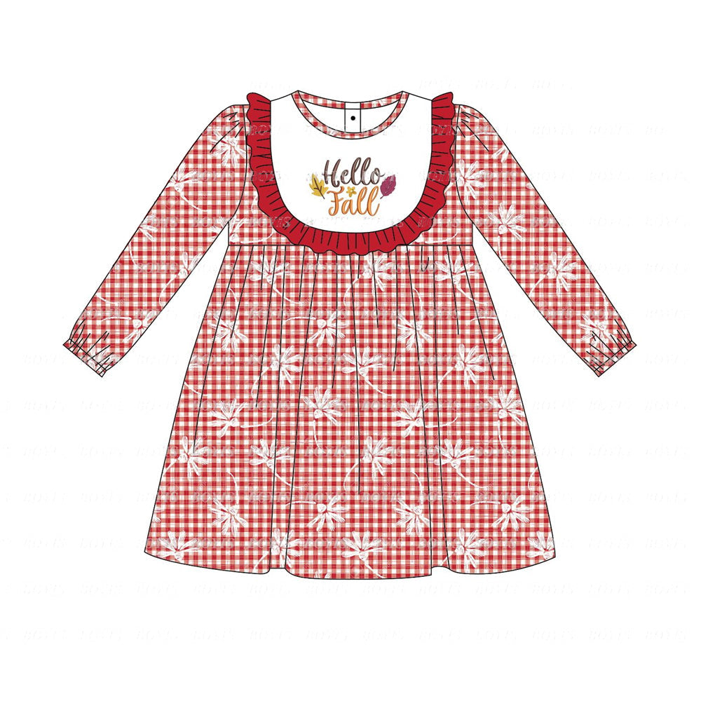 Pre-order Baby Girl Hello Fall Long Sleeves Red Plaid Dress