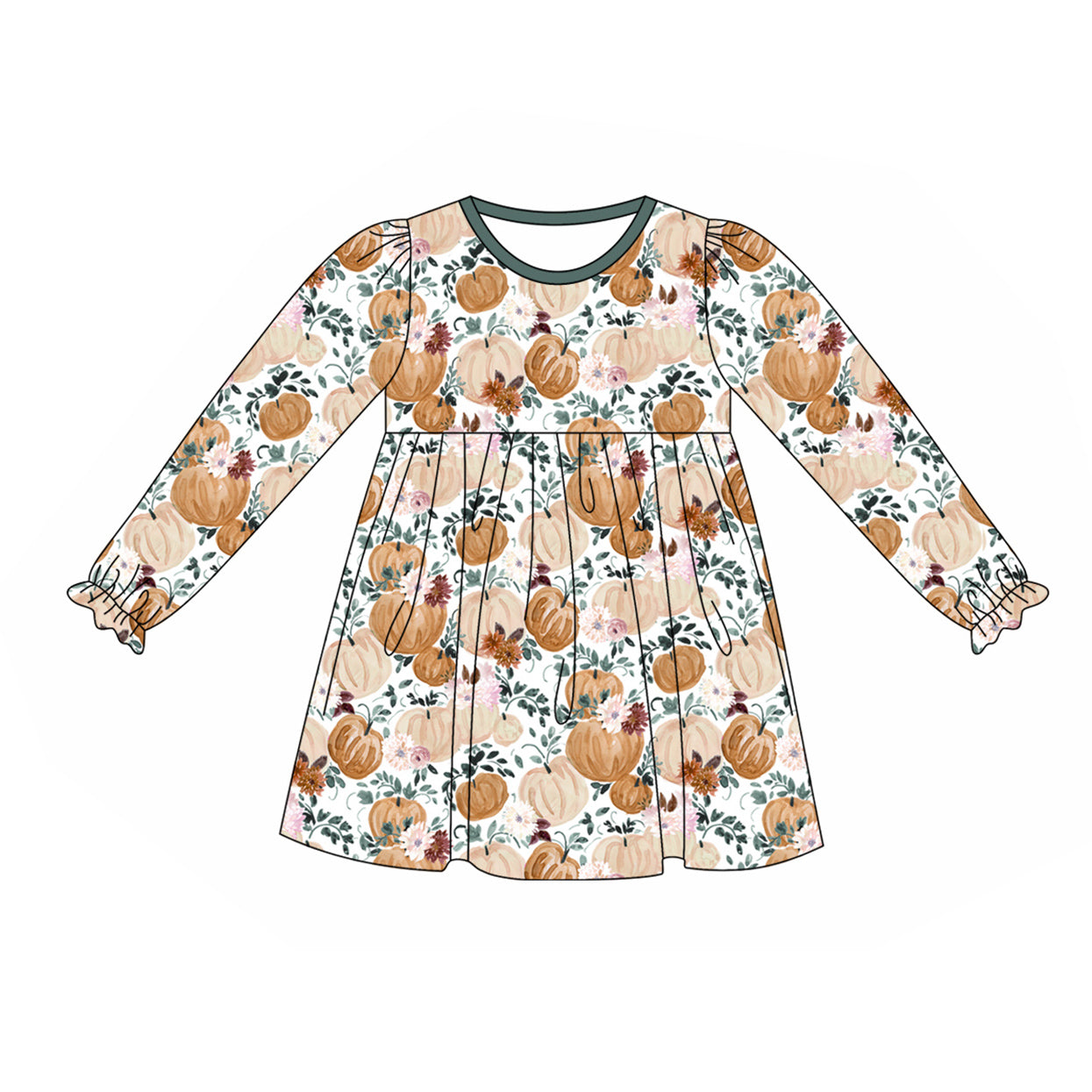 Pre-order Baby Girl Green Pumpkin Flower Long Sleeves Fall Dress