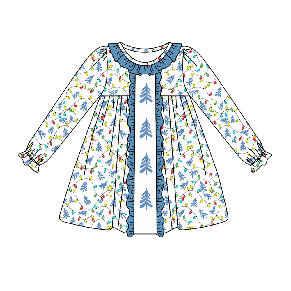 Pre-order Baby Girl Long Sleeves Christmas Tree Lights Blue Dress