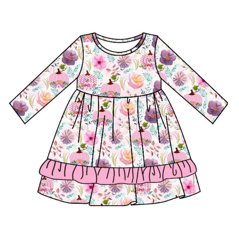 Pre-order Baby Girl Pink Pumpkin Flower Long Sleeves Dress