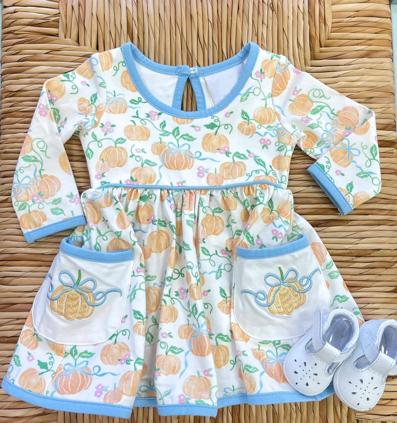 Pre-order Baby Girl Long Sleeves Pumpkins Bows Floral Pockets Dress