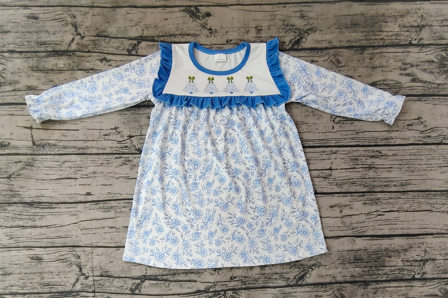 Baby Girl Long Sleeves Blue Flowers Christmas Trees Dress