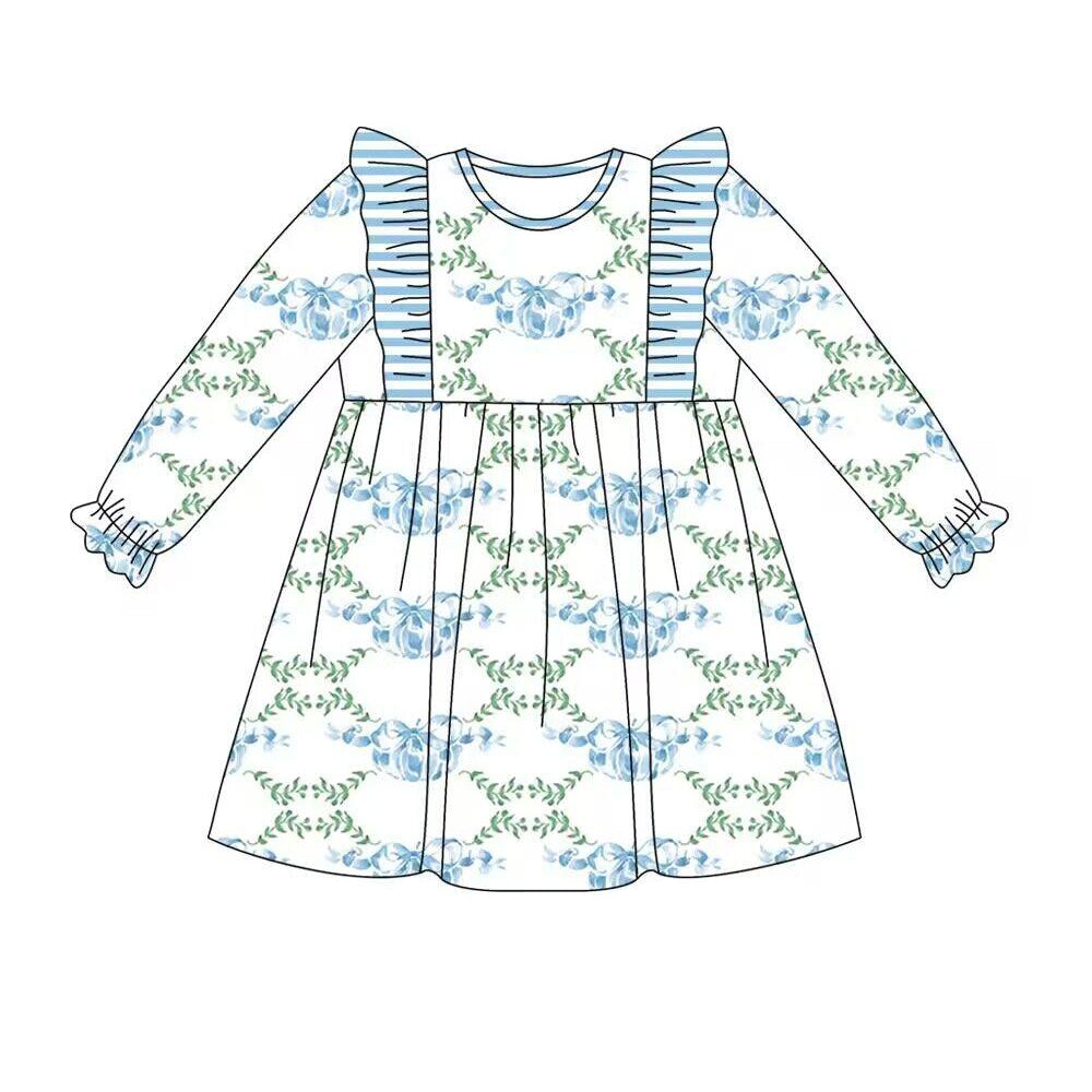 Pre-order Baby Girl Long Sleeves Blue Pumpkin Bows Dress
