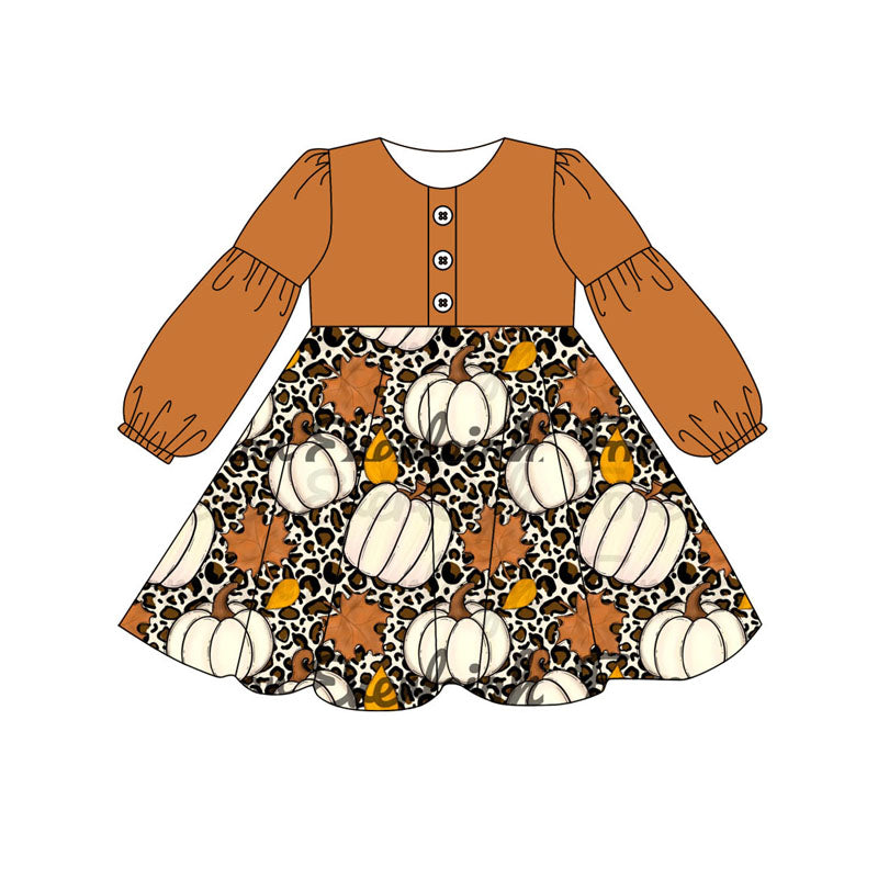 Pre-order Baby Girl Long Sleeves Pumpkin Leopard Dress