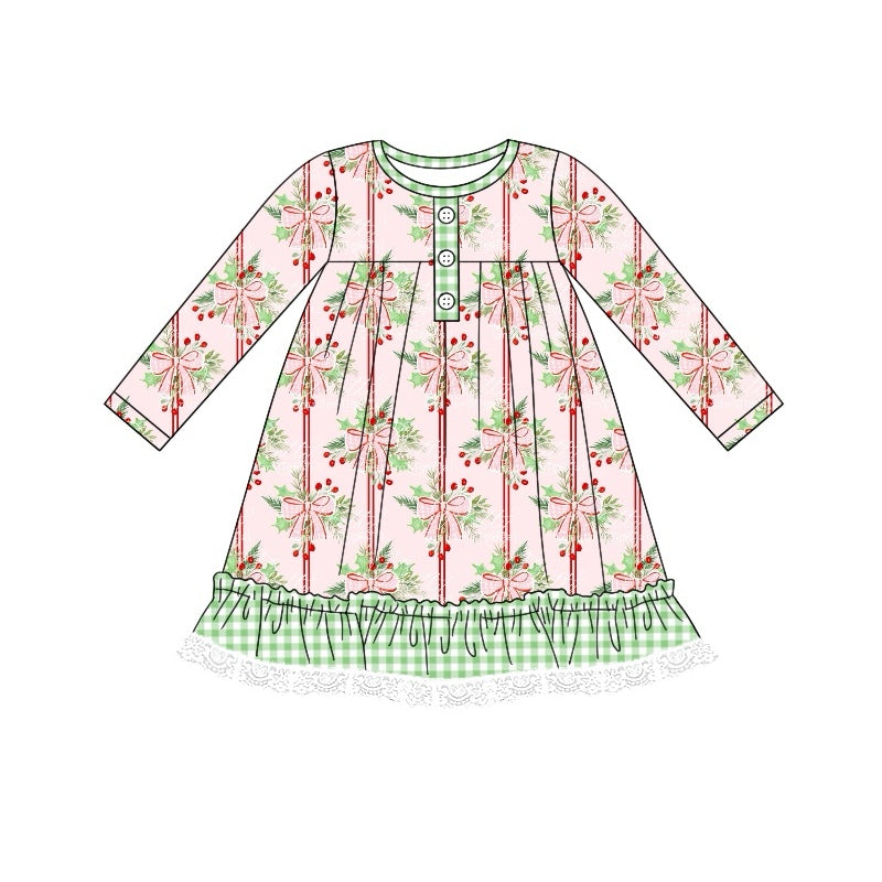 Pre-order Baby Girl Christmas Holly Bow Ruffle Dress