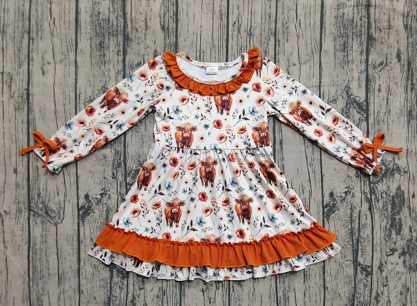 Baby Girl Long Sleeves Cow Flower Western Knee Length Ruffle Dress RTS
