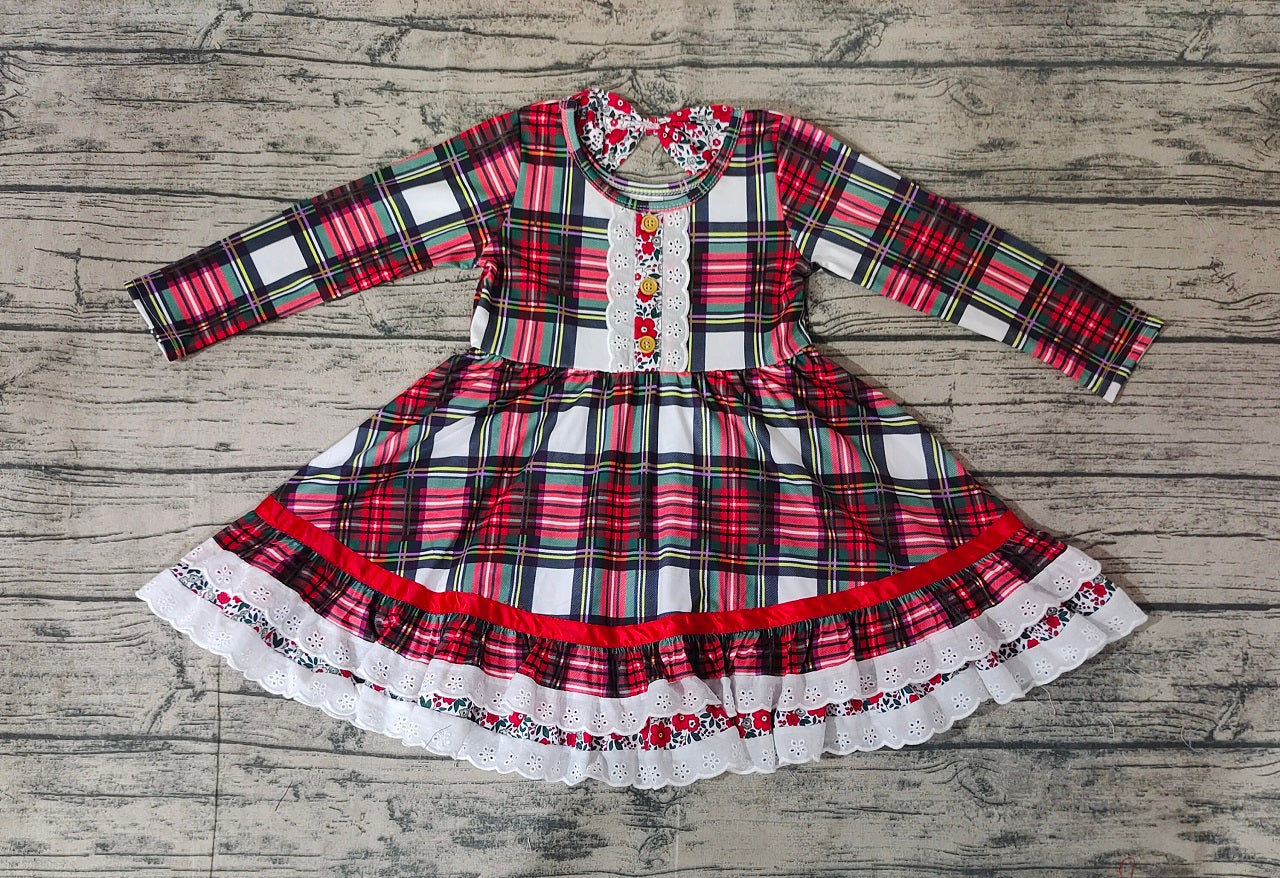 Baby Girl Long Sleeves Christmas Green Red Checkered Ruffle Dress