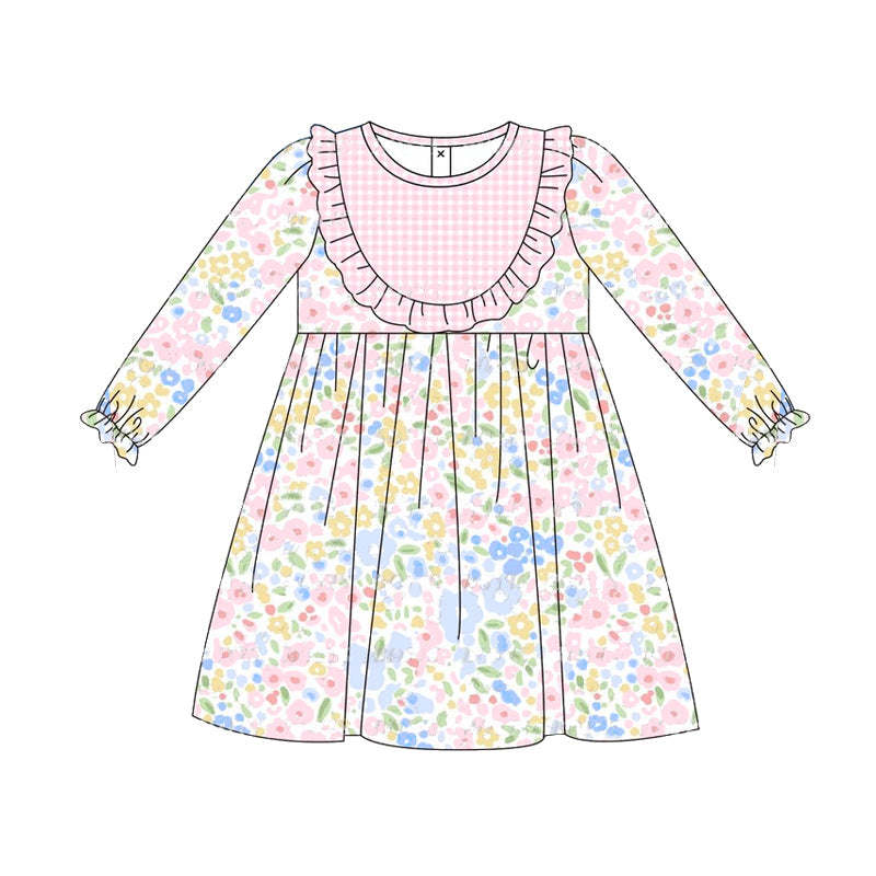 Pre-order Baby Girl Long Sleeves Flower Pink Ruffle Dress