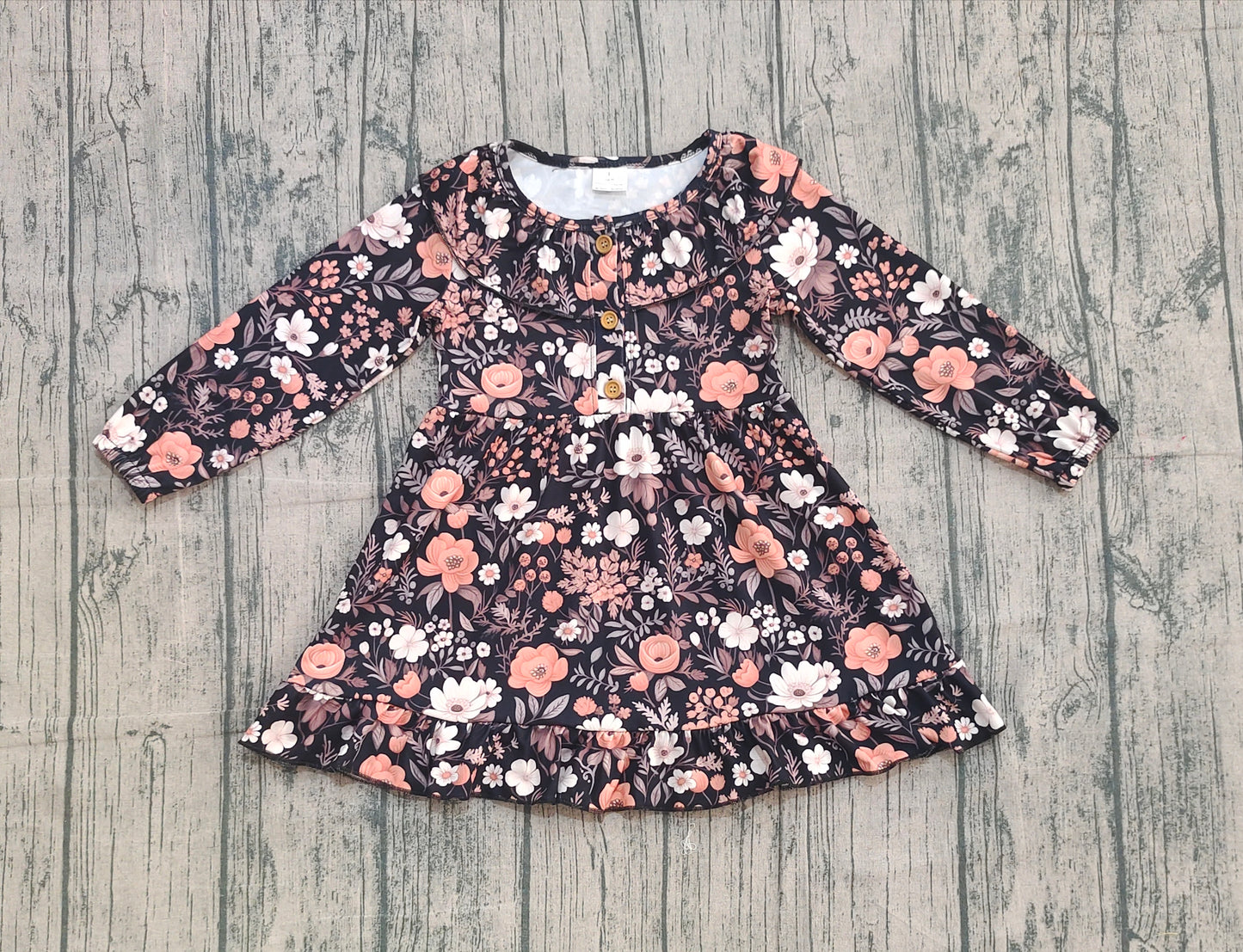( No moq ) Preorder Baby Girl Long Sleeves Flower Buttons Ruffle Fall Dress