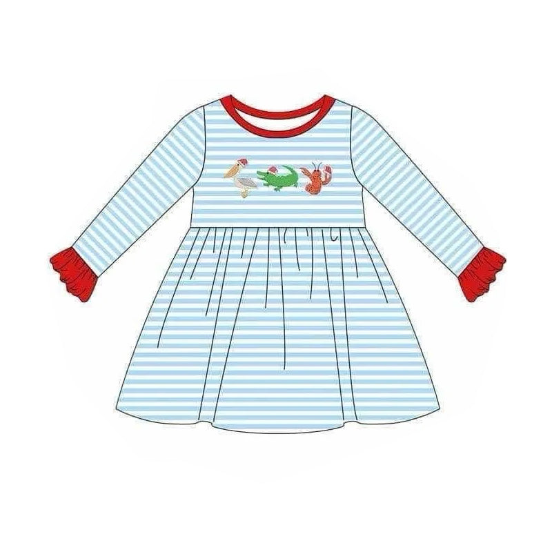 Pre-order Baby Girl Long Sleeves Christmas Crawfish Duck Blue Stripes Dress