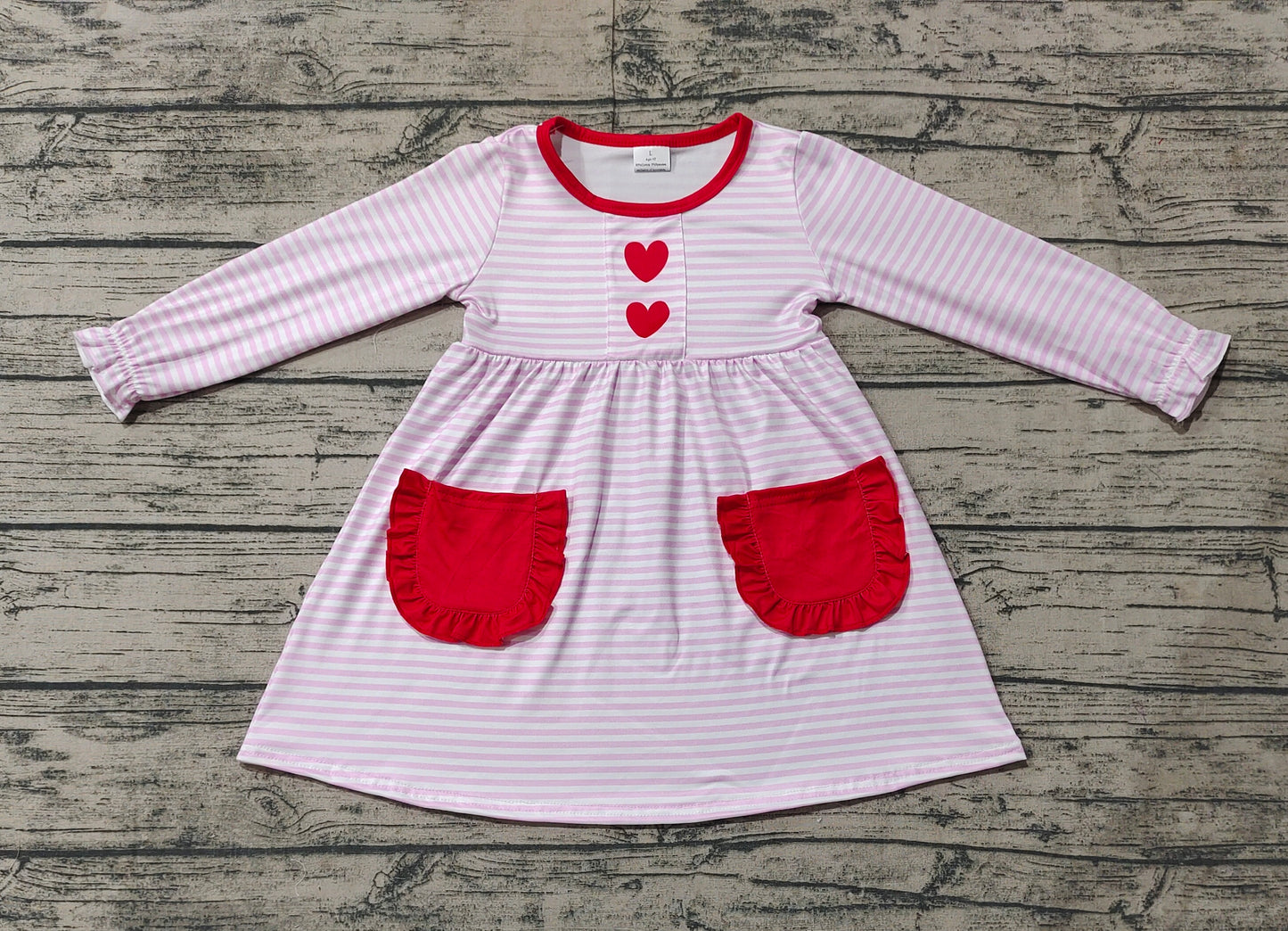 Baby Girl Long Sleeves Pink Stripes Heart Pocket Knee Length Dress