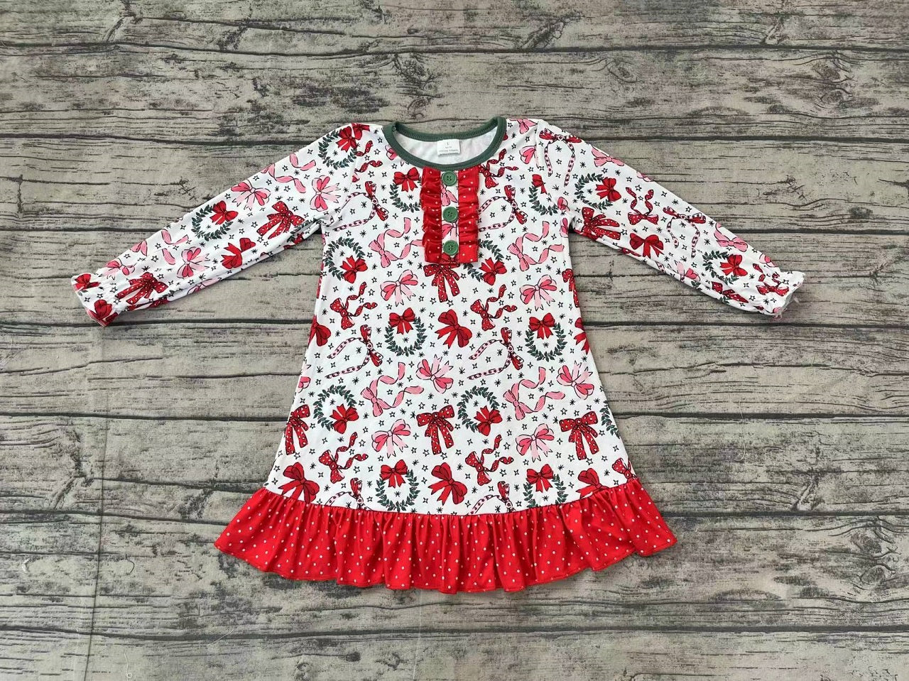 Baby Girl Long Sleeves Christmas Bows Red Ruffle Gowns Dress