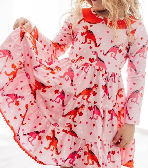 Pre-order Baby Girl Valentines Hearts Dinosaurs Ruffle Dress