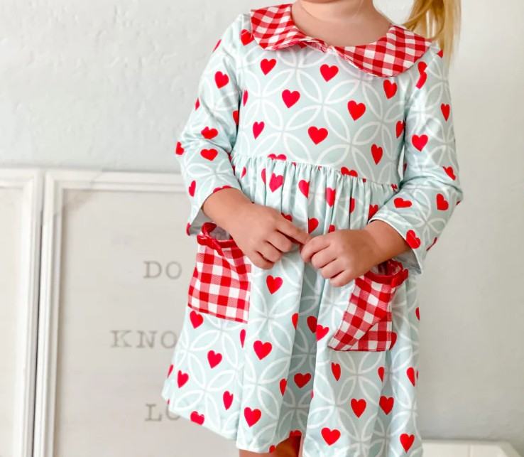 Pre-order Baby Girl Valentines Hearts Pocket Knee Length Dress