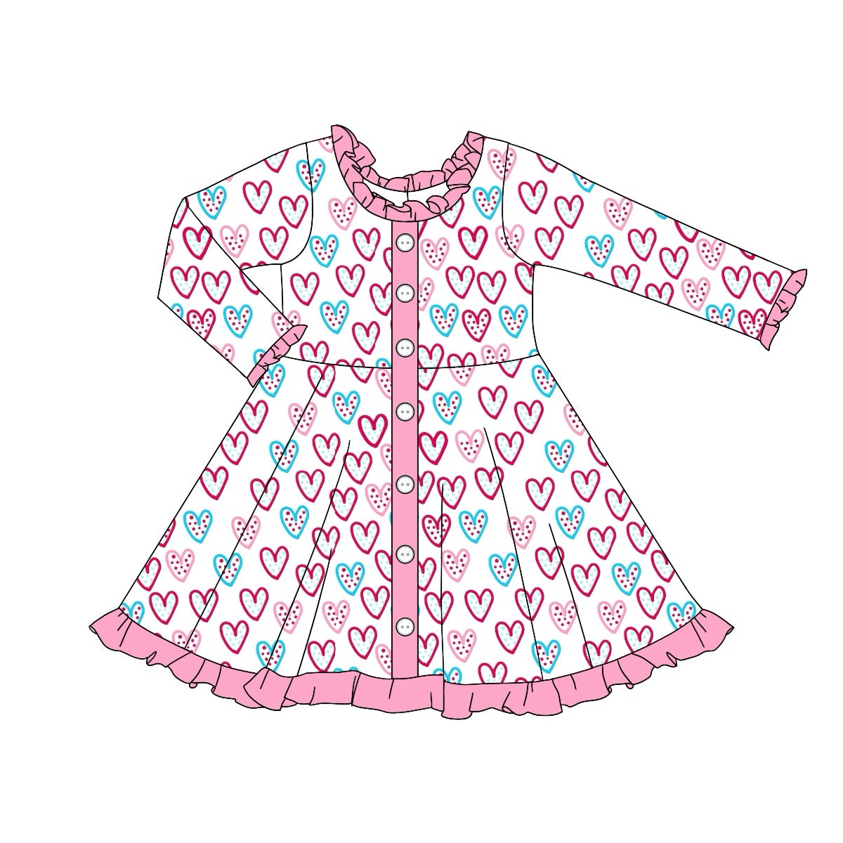 Pre-order Baby Girl Valentines Colorful Hearts Ruffle Dress