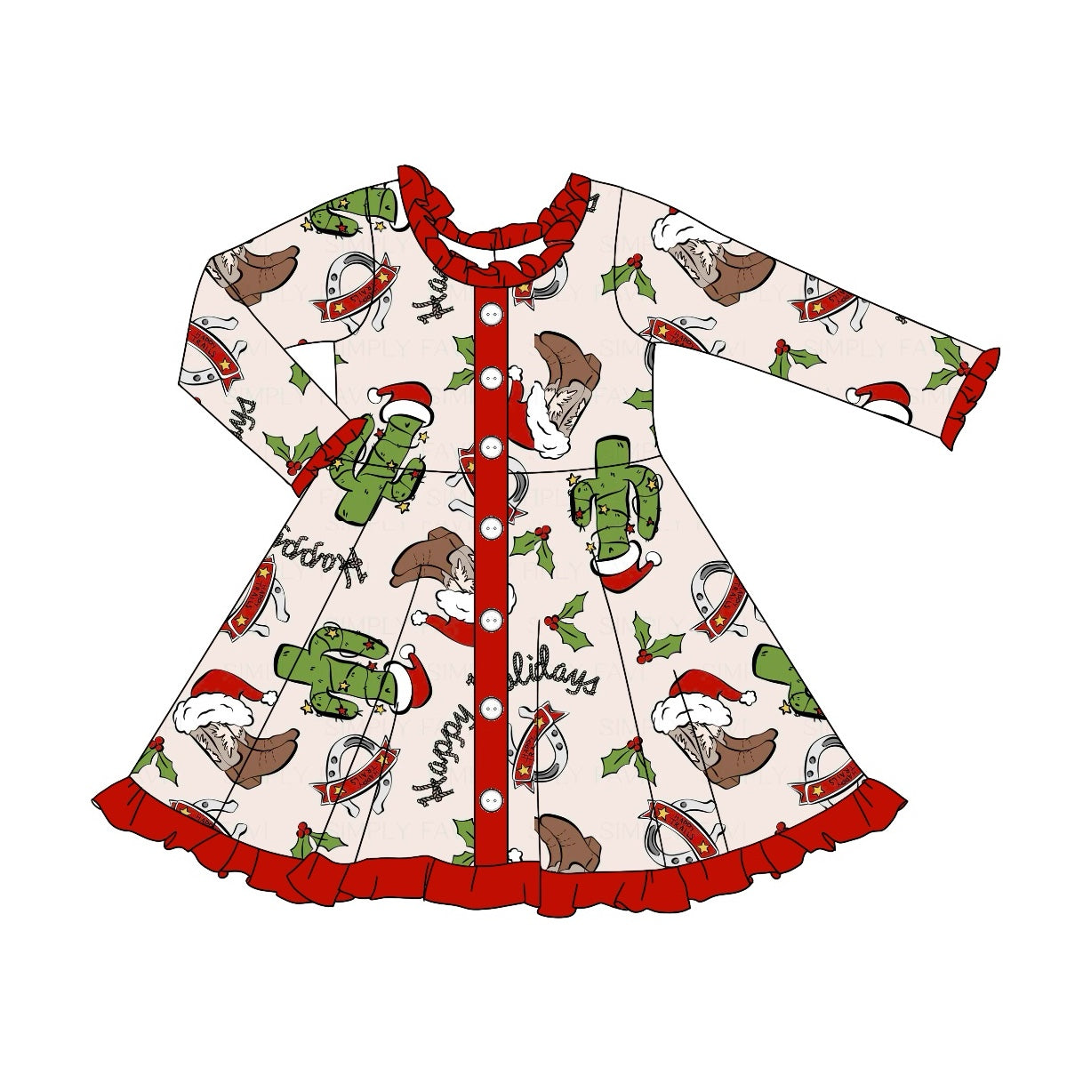 Pre-order Baby Girl Long Sleeves Western Cactus Boots Christmas Dress
