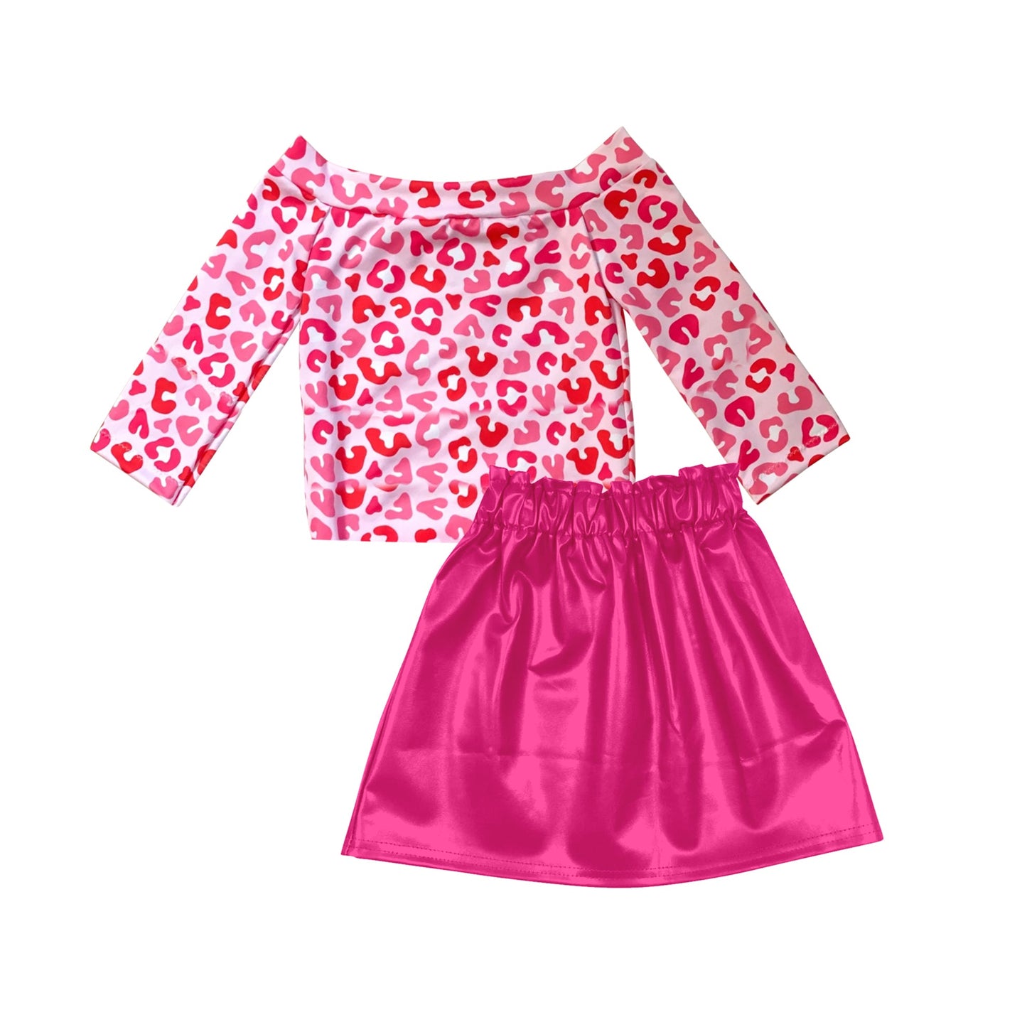 Pre-order Baby Girl Pink Leopard Shirt Leather Skirt Clothes Set