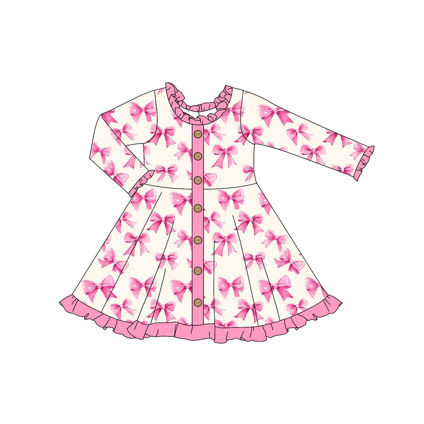 Pre-order Baby Girl Long Sleeves Pink Row Buttons Dress