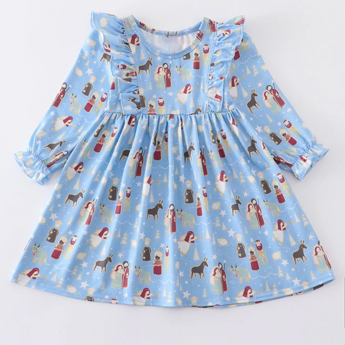 Pre-order Baby Girl Christmas Blue Soldier Ruffle Knee Length Dress