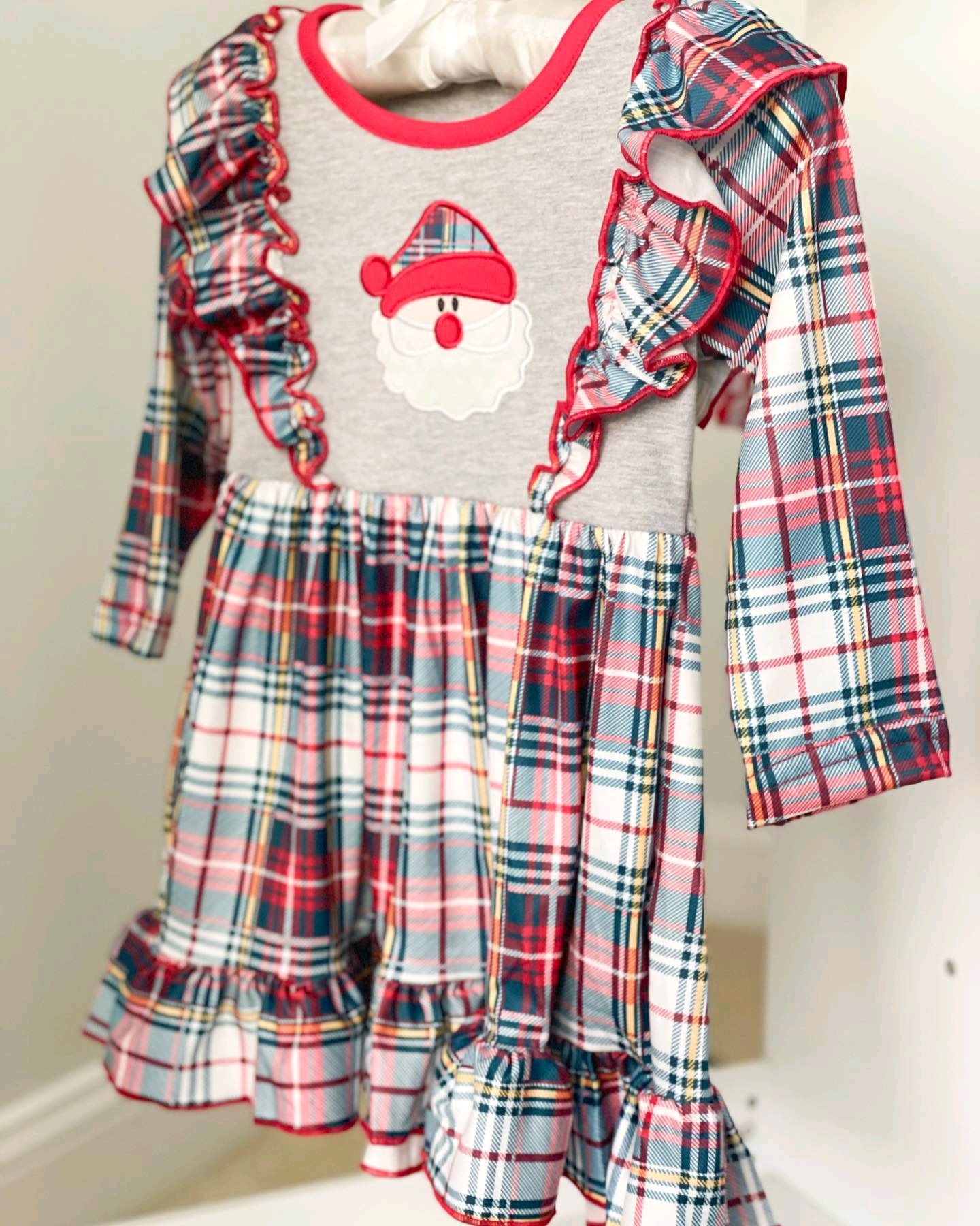 Pre-order Baby Girl Christmas Checkered Santa Ruffle Knee Length Dress