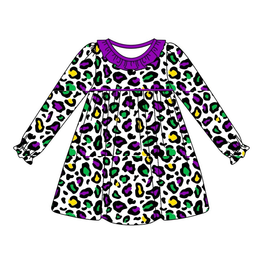 Pre-order Baby Girl Mardi Gras Leopard Knee Length Dress