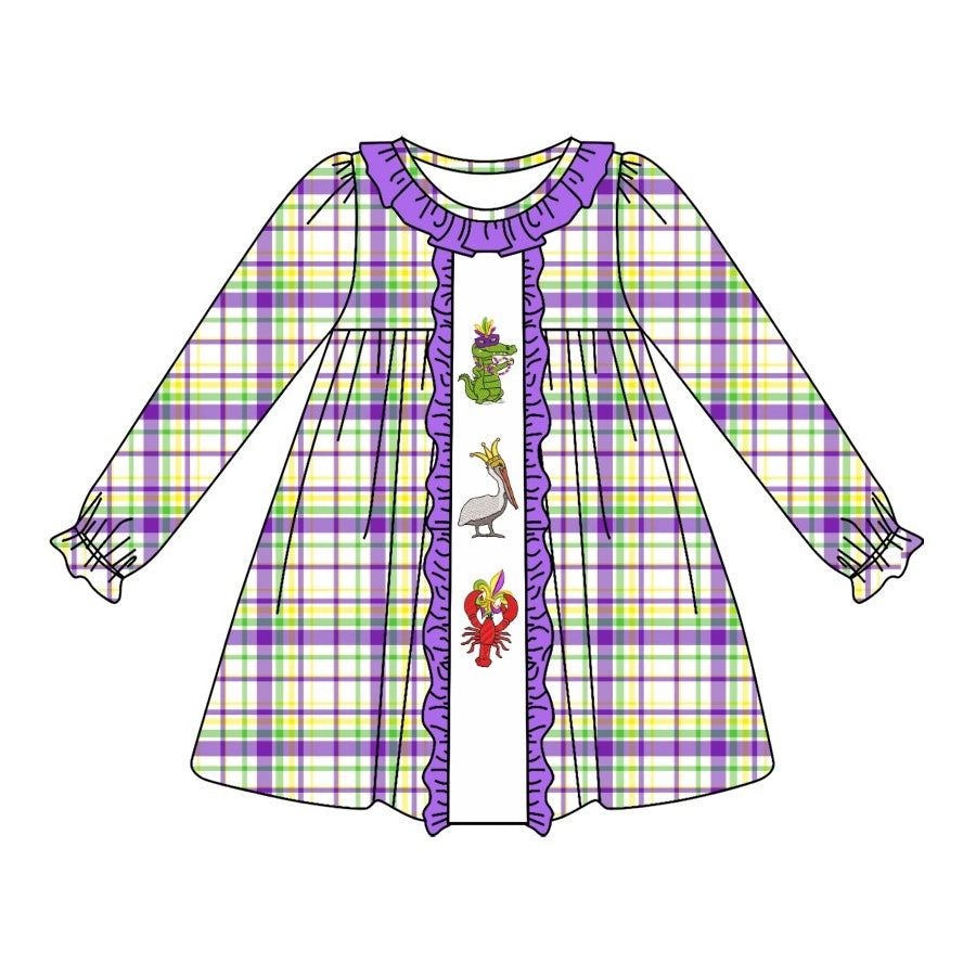 Pre-order Baby Girl Mardi Gras Checkered Crawfish Knee Length Dress