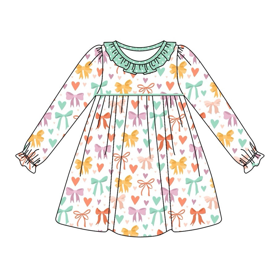 Pre-order Baby Girl Long Sleeves Bows Ruffle Knee Length Dress