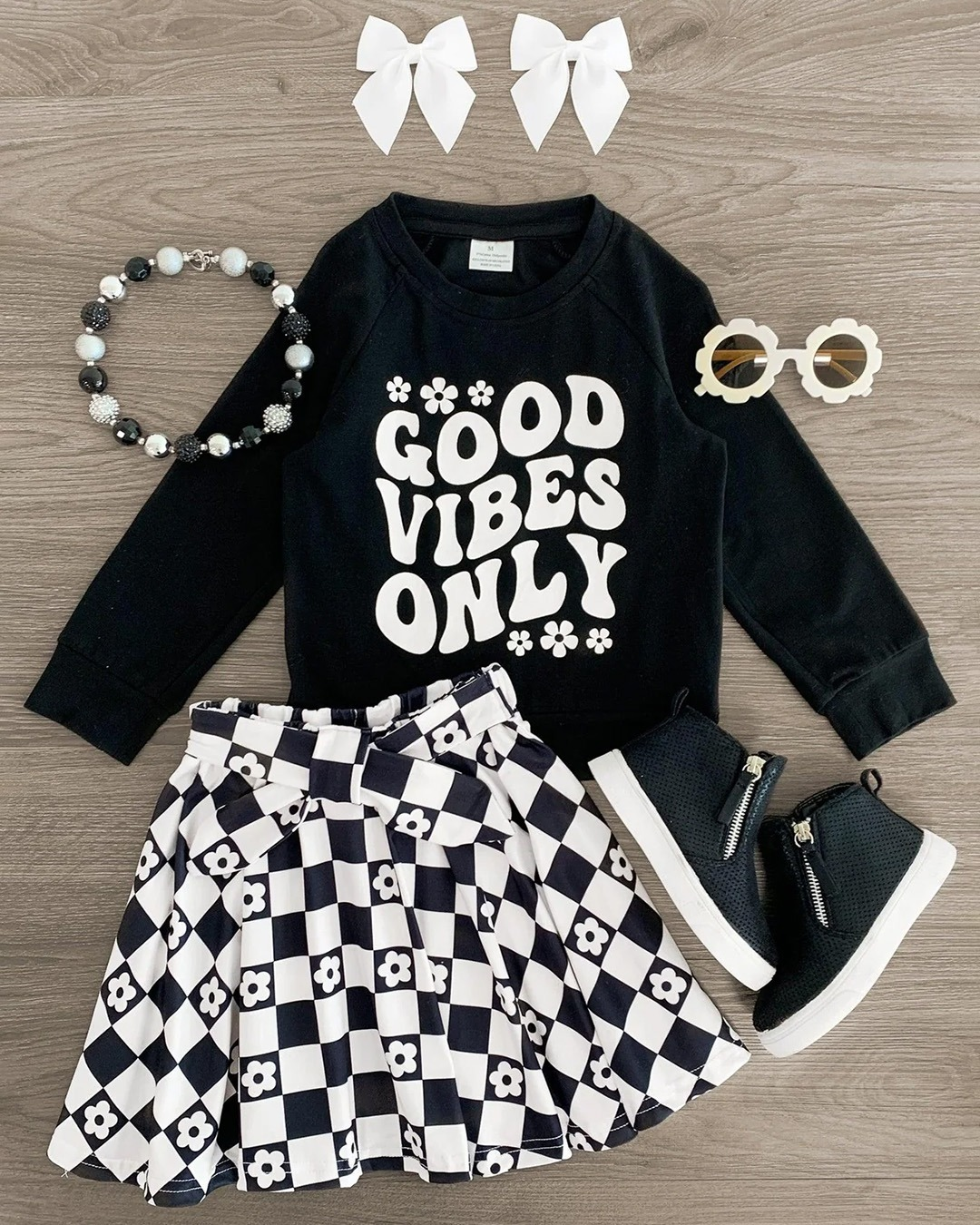 Pre-order Baby Girl Toddler Good Vibes Tops Plaid Skirt Clothes Set