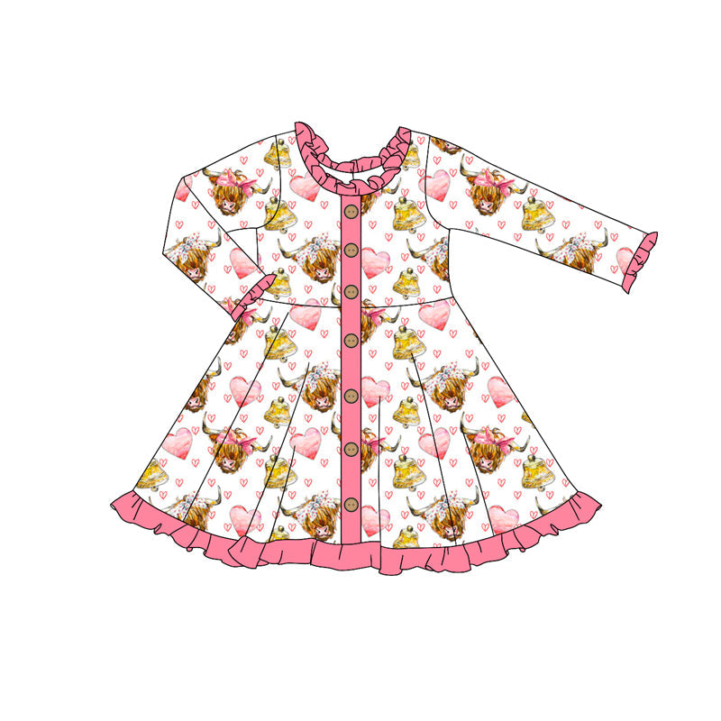Pre-order Baby Girl Long Sleeves Valentines Cow Ruffle Knee Length Dress