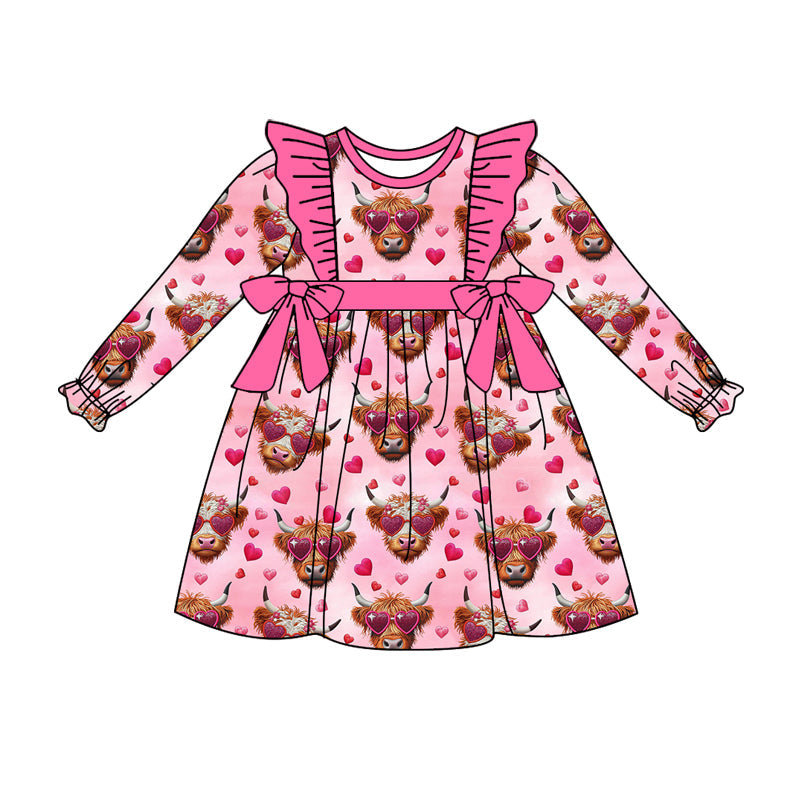 Pre-order Baby Girl Valentines Cow Hearts Bows Knee Length Pink Dress