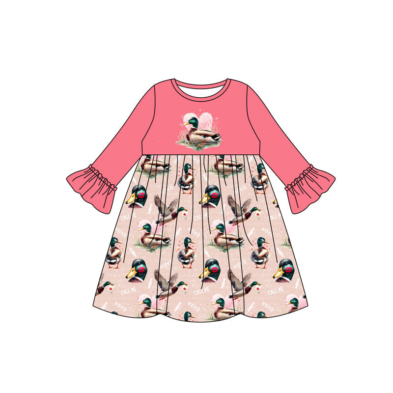 Pre-order Baby Girl Long Sleeves Valentines Duck Hearts Knee Length Dress