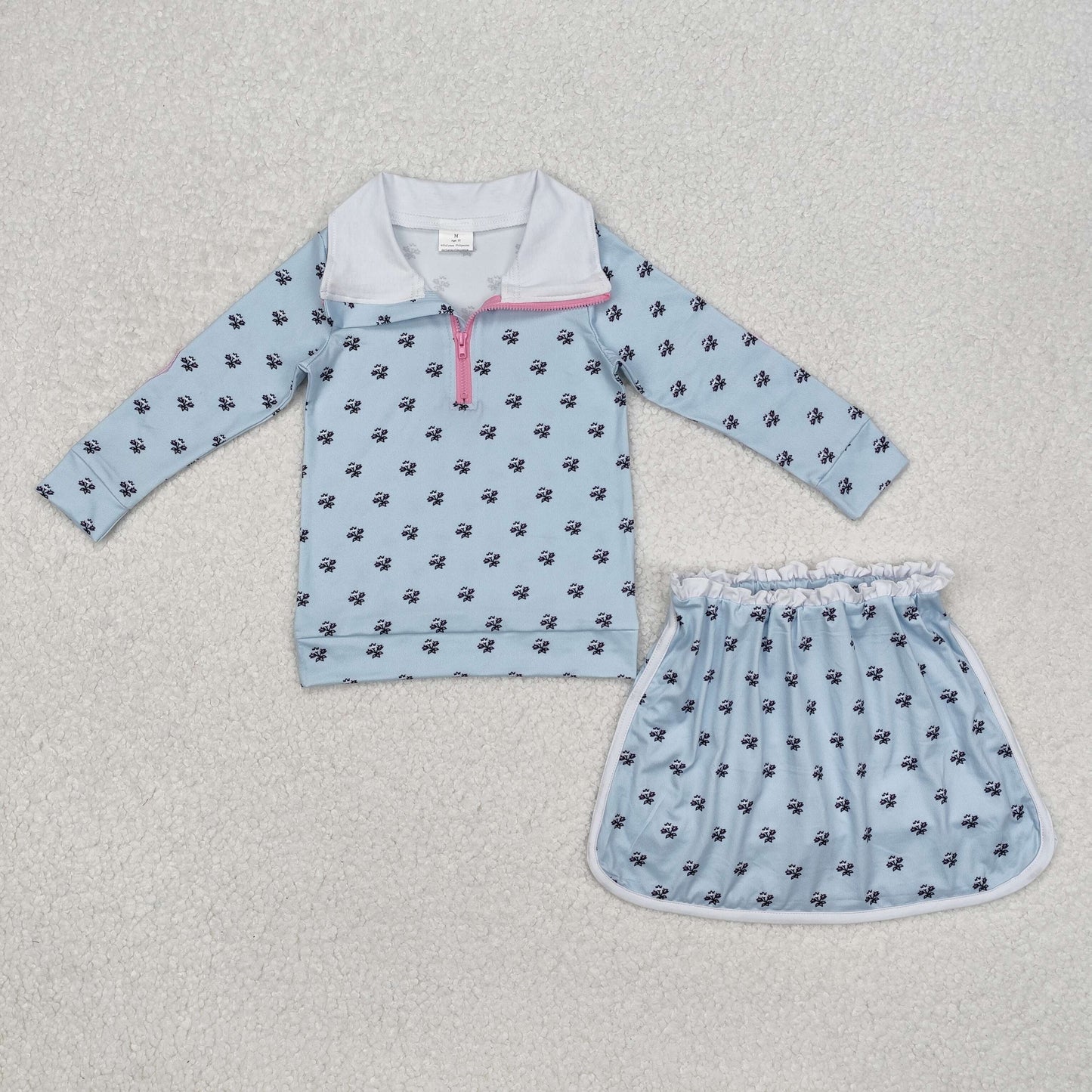 Baby Girl Long Sleeves Flower Bows Zip Shirt Skort Sibling Set RTS