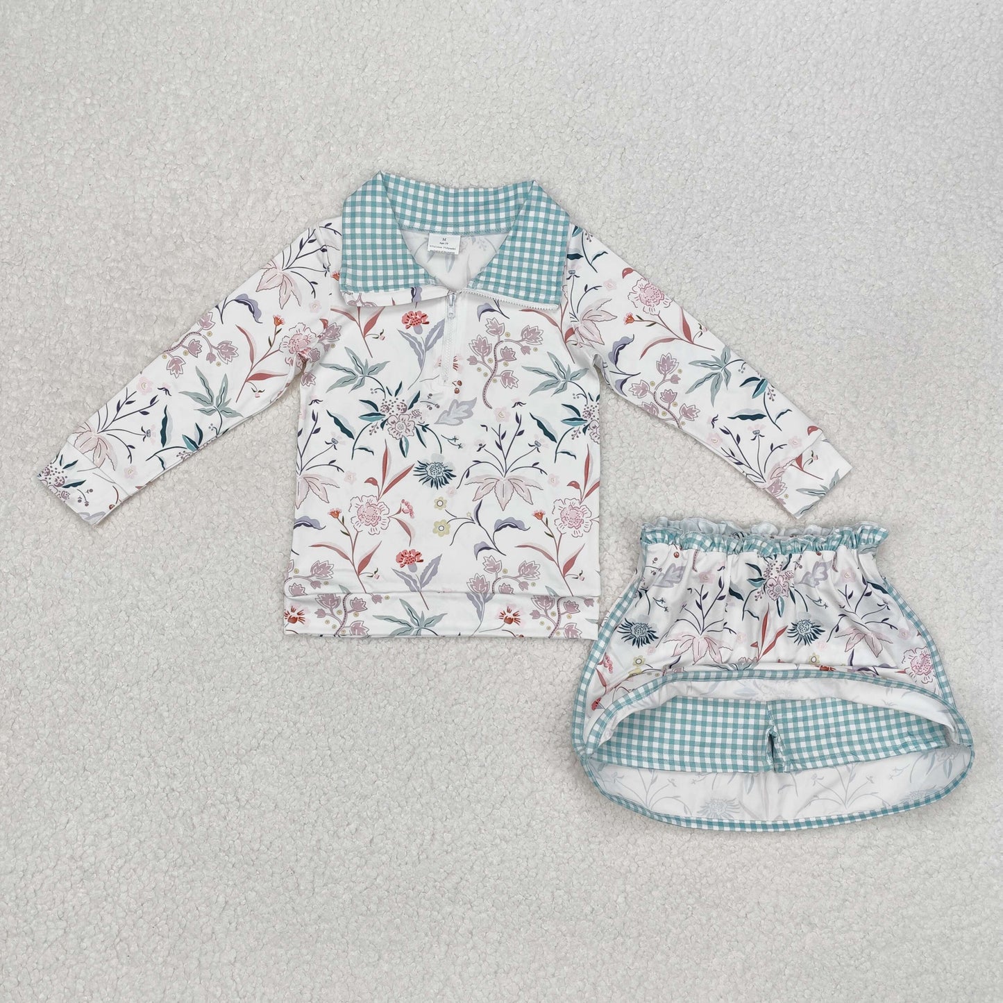 Baby Girl Long Sleeves Flower Bows Zip Shirt Skort Sibling Set RTS