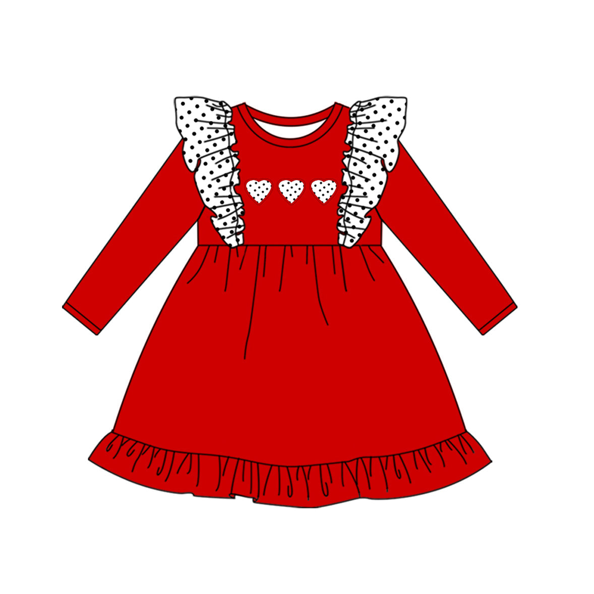 Preorder Baby Girl Long Sleeves Valentines Hearts Knee Length Red Dress