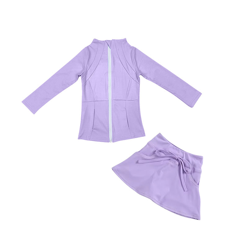 Preorder Baby Girl Long Sleeves Purple Yoga Zipper Shirt Skorts Shorts Skirt Active Wear Set