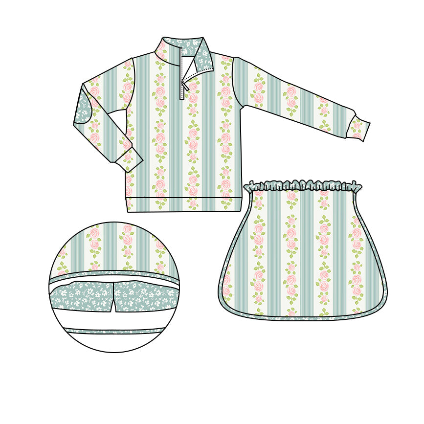 Baby Girl Long Sleeves Pink Flower Zipper Shirt Skirt Green Shorts Skort Set RTS