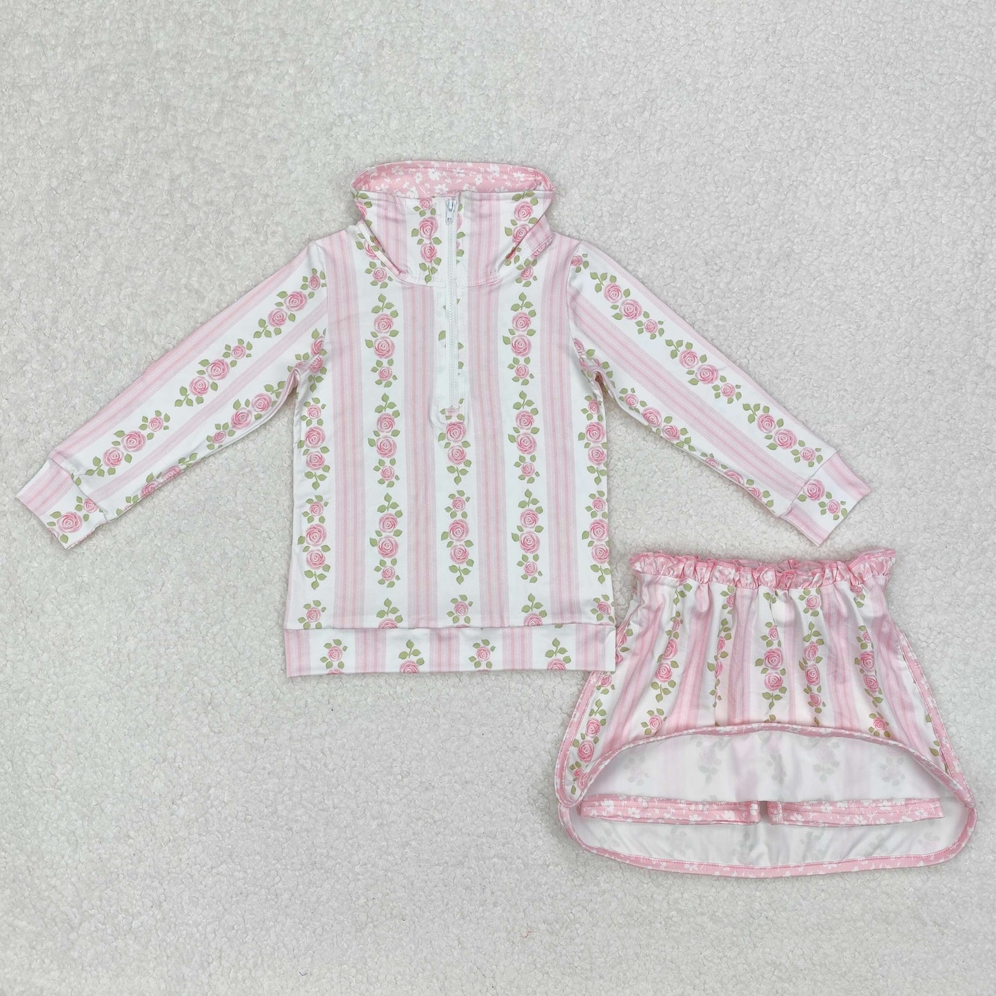 Baby Girl Long Sleeves Flower Bows Zip Shirt Skort Sibling Set RTS