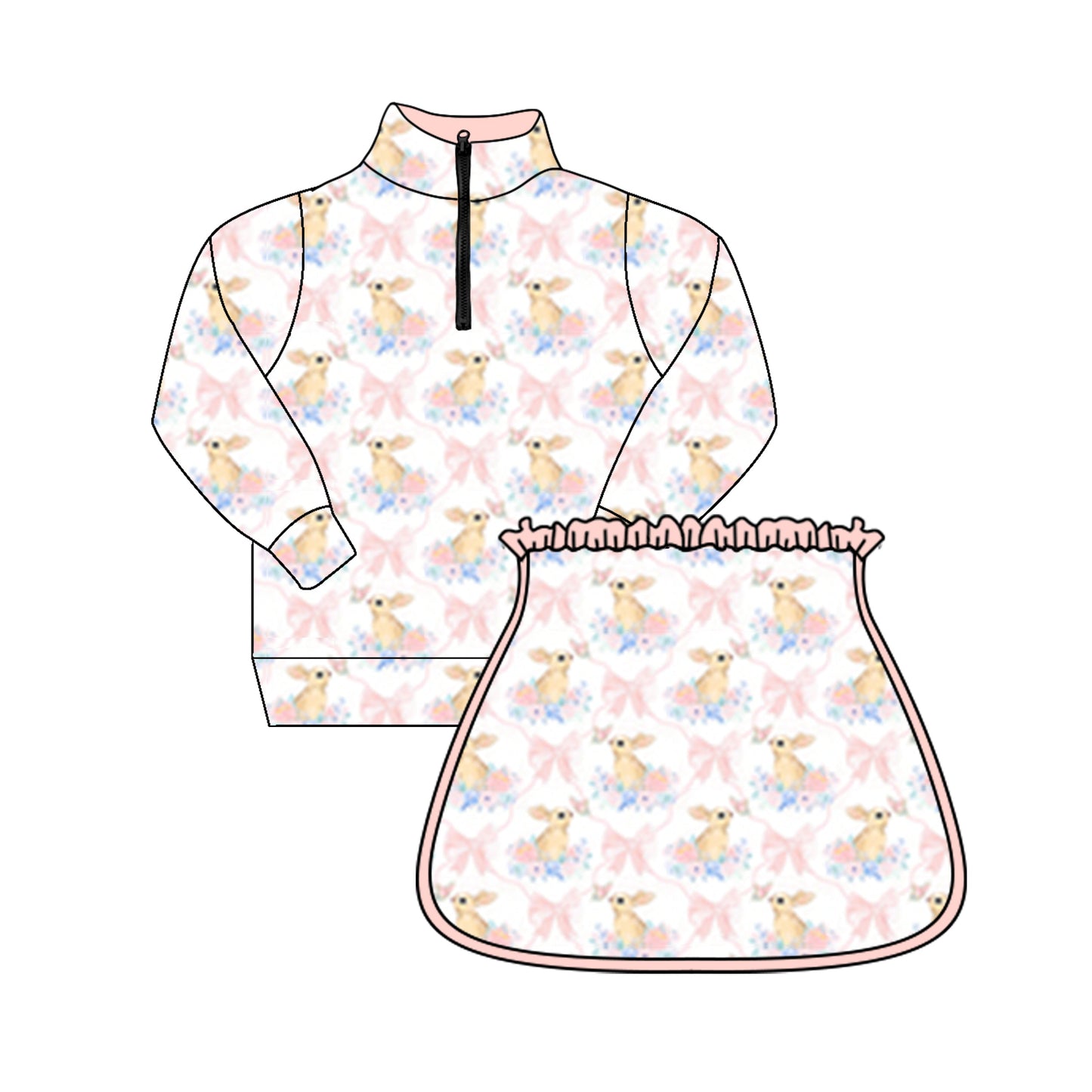 Preorder Baby Girl Long Sleeves Easter Bows Rabbits Flower Zipper Shirt Skirts Clothes Set