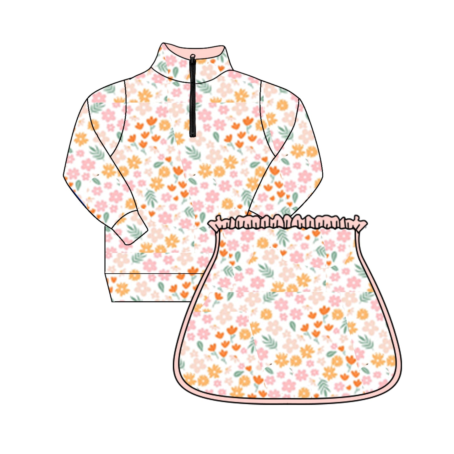 Preorder Baby Girl Long Sleeves Flower Zipper Shirt Skirts Clothes Set