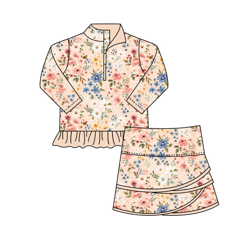 Preorder Baby Girl Long Sleeves Flower Zipper Tops Skirts Pink Clothes Set
