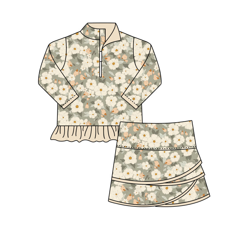 Preorder Baby Girl Long Sleeves Flower Zipper Tops Skirts Clothes Set