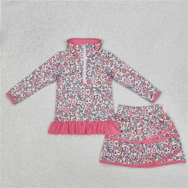 Baby Girl Long Sleeves Flower Zipper Shirt Skorts Sibling Clothes Set RTS