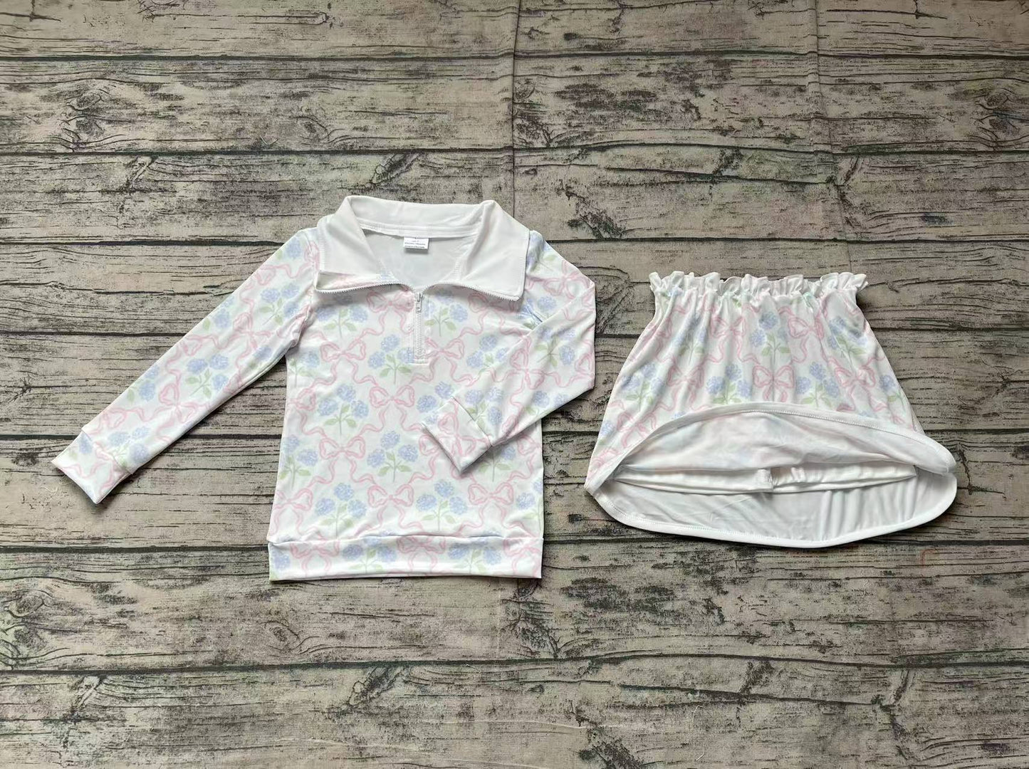 Baby Girl Long Sleeves Bows Flower Zipper Tops Skort Shorts Skirt Clothes Set RTS